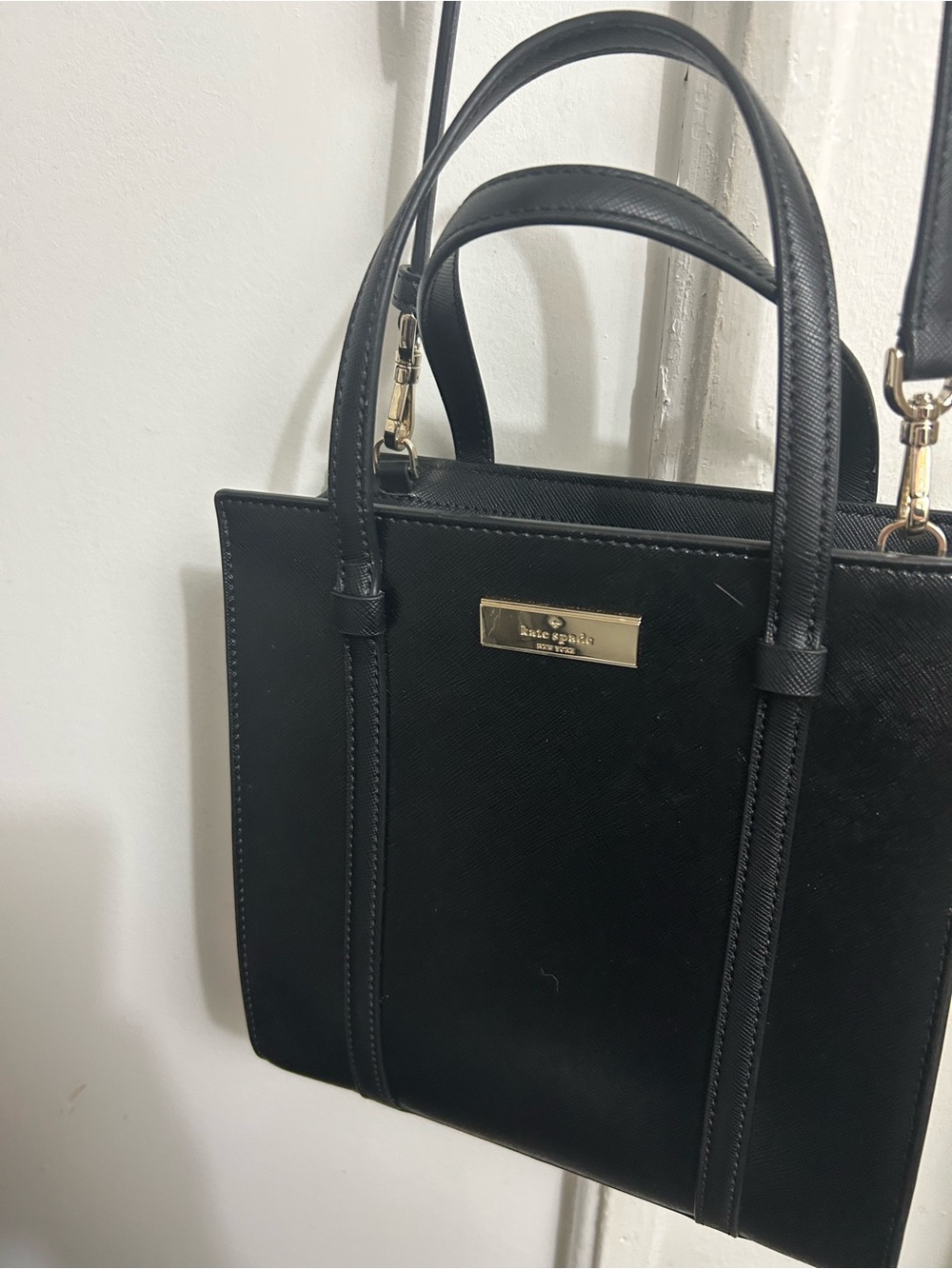 kate spade Black Leather Saffiano Satchel with Gold Hardware